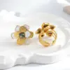 Wholesale 304 Stainless Steel Vacuum Electroplated With Real Gold (In Furnace) Shell Triangle Geometric Lines Flower Contrast Color Open Ring (Jewelry) Waterproof Non-Fading Polished Mixed Metal (Jewelry Metal Contrast Color) Elegant Vacation Style Simple Style Unisex