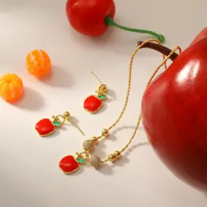 Wholesale Classic Color-Retaining Electroplated Apple Earrings Necklace Set Water Plated Zircon Handmade Chain 18K Real Gold Plated Red Gold