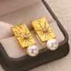 Wholesale Elegant Pearl Imitation Earrings For Women Gold Stainless Steel Sun Pattern Geometric Zirconia Embedded Jewelry Accessories