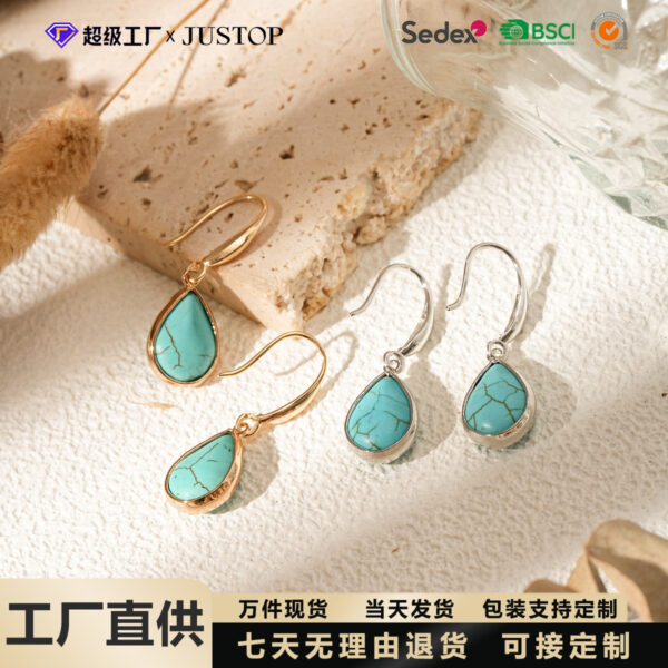 Wholesale Stainless steel natural stone earrings, teardrop-shaped turquoise earrings, natural stone inlaid with turquoise studs.