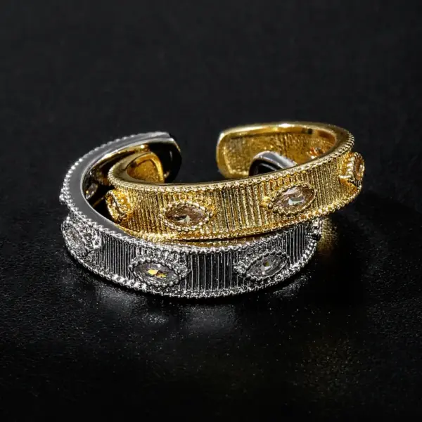 Wholesale Stripe Waterproof Non Tarnish Rings For Women In 304 Stainless Steel With 18K Real Gold PVD Coating And Zircon Inlay