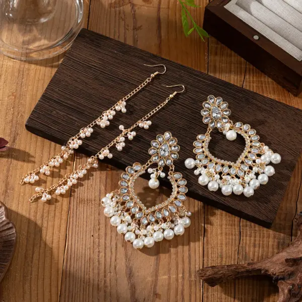 Wholesale Luxury Teardrop Rhinestone Pearl Tassel Earring Set With Chain For Women Ethnic Style Personality Jewelry Combination - Nihaojewelry
