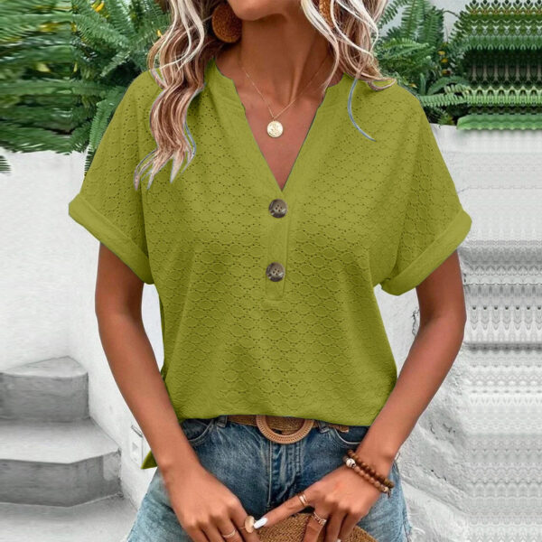 Wholesale spring and summer women’s fashion casual solid color button V-neck T-shirt women