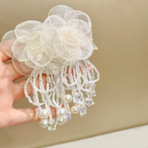 Mesh white rose tassel earrings