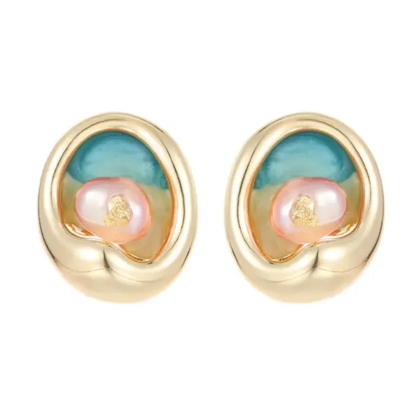 Wholesale Asymmetrical Oil Painting Stud Earrings For Women With Copper And Baroque Pearl Inlay, Featuring 925 Sterling Silver Posts