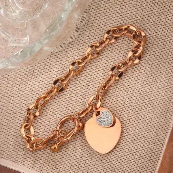 Wholesale 304 Stainless Steel Plastic Heart Shape Ion Plating (IP) Artificial Rhinestones 18K Gold Plated Simple Style Waterproof Non Tarnish Inlay Regular Chain Lobster Trigger Clasp Closure Rose Gold Multicolor-Golden Yellow Silver Bracelets