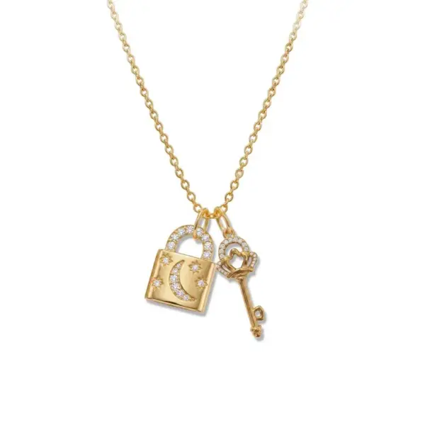 Wholesale Asymmetrical Key Necklace For Women In 304 Stainless Steel With 18K Real Gold Plating And Rhinestone Inlay, PVD Coated Cable Chain