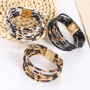 oly-b1a348bf97b328de9ceffd06f71836a1 Wholesale Cross-border European and American Explosions Alloy Leopard Magnet Buckle Leather Bracelet Beaded Leather Rope Bracelet Bracelet Jewelry