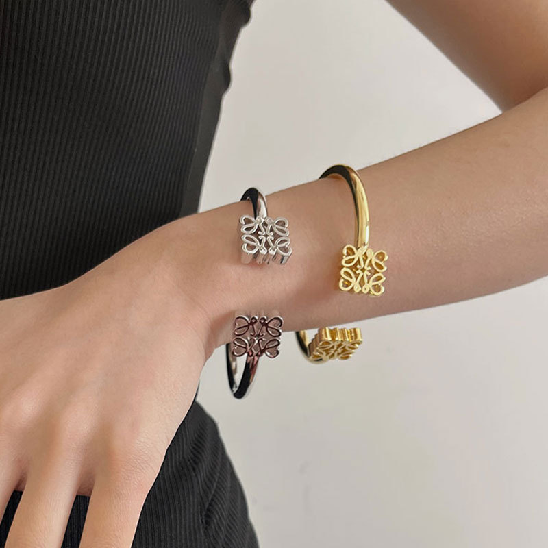 Wholesale Cross-border Real Gold Electroplating Luojia Fashion Square Hollow Pattern Open-ended Plant Ring Bracelet Light Luxury Niche Exquisite Jewel