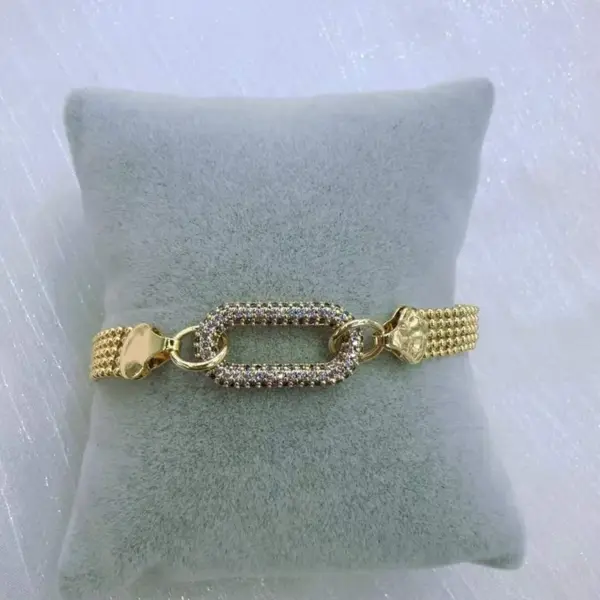 Wholesale Oval Electroplated Copper Bracelet For Women With 18K Real Gold Water Plating And Zircon Inlay, Featuring Round Bead Woven Chain