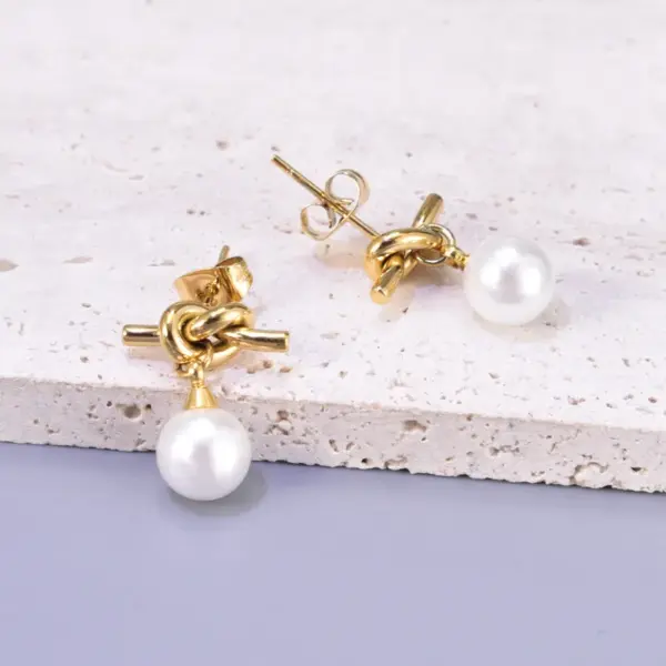 Wholesale 1 Pair Basic Simple Style Knot 304 Stainless Steel Titanium Steel Artificial Pearls 18K Gold Plated Vacuum Plating PVD Coated Drop Earrings
