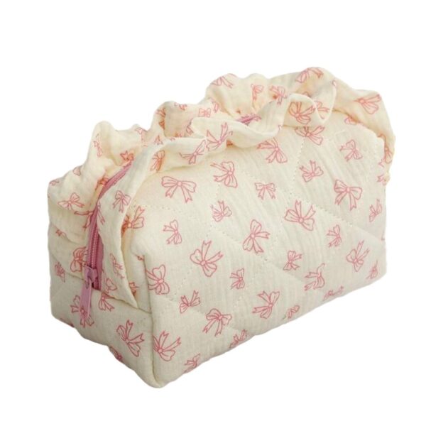 Wholesale Cotton Crepe Fabric Cosmetic Bag Printed Bow Lace Cosmetic Bag Thickened Pleated Cotton Floral Bag