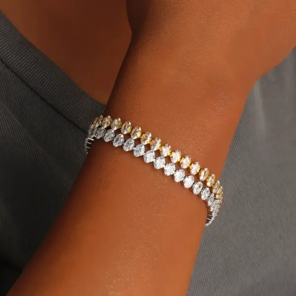 Wholesale Adjustable French Style Full Drill 5mm Oval Zircon Single Row Women's Bracelet Elegant Travel Jewelry Stainless Steel 18K Gold Plated