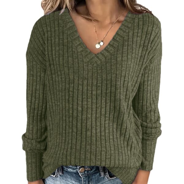 Wholesale Women’s Long-Sleeved V Neck Pit Strip Brushed Knitted Top T-Shirt
