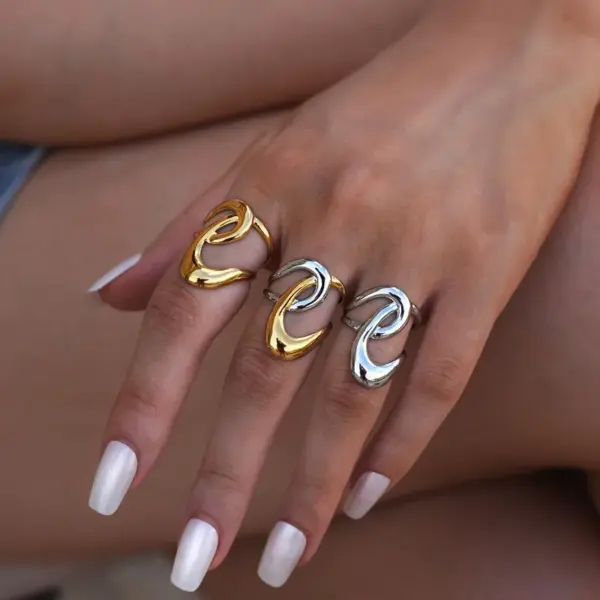 Wholesale Summer Ladies Geometric Lines Stainless Steel Ring Adjustable Size Vacuum Plated 18K Gold Elegant French Style Jewelry Accessory