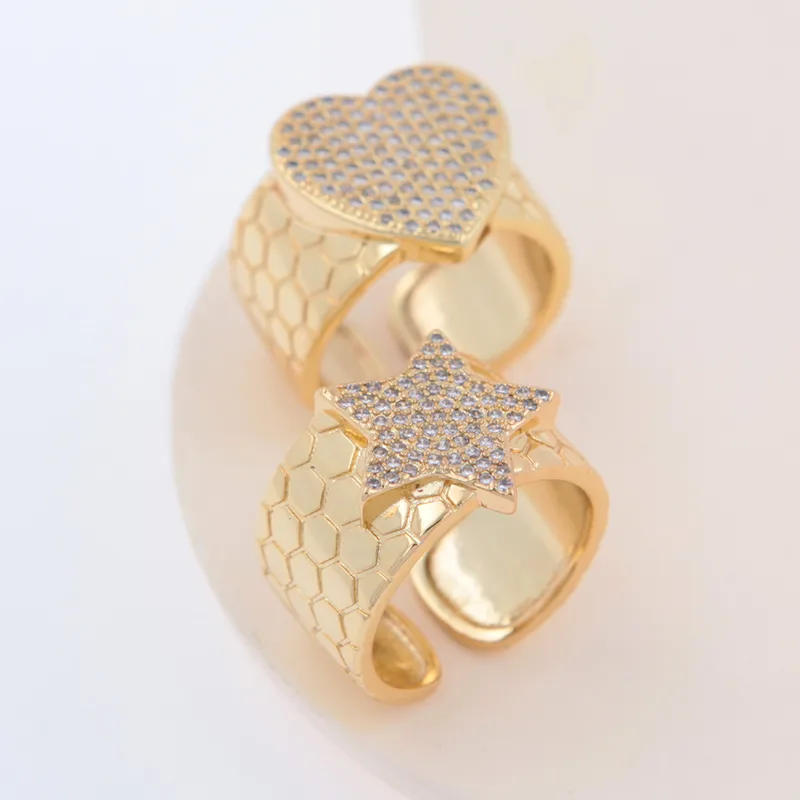 Wholesale Jewelry Elegant Retro Streetwear Star Heart Shape Copper Zircon 18K Gold Plated Open Rings