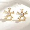 Wholesale Sweet Ins Style Copper Water Plated 18K Real Gold Micro Inlaid Zircon Acrylic Imitation Pearl Flower Stud Earrings