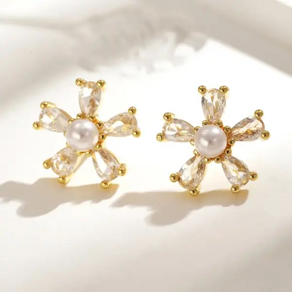 Wholesale Sweet Ins Style Copper Water Plated 18K Real Gold Micro Inlaid Zircon Acrylic Imitation Pearl Flower Stud Earrings