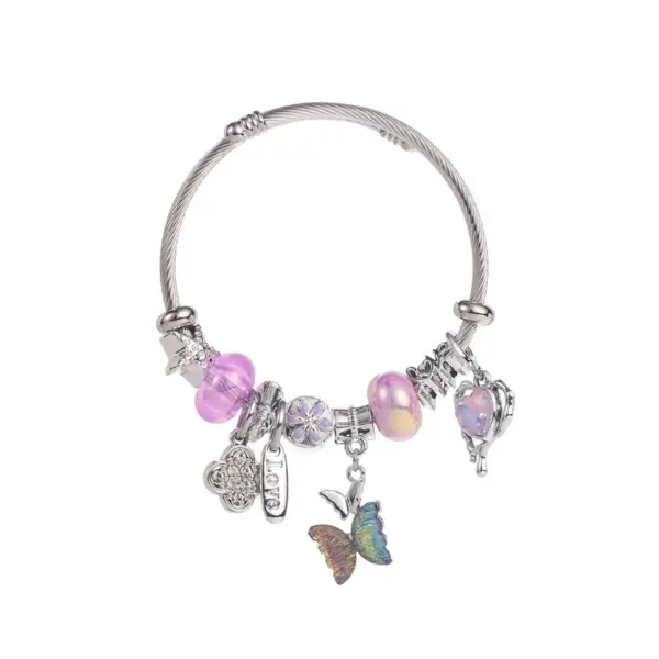 Wholesale Unisex New Style Butterfly Bangle Bracelet With Beading And Rhinestone Inlay In Natural Pink Alloy