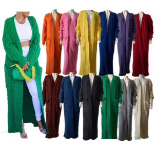 Wholesale 2024 Cross-border Long Knitted Sweater Jacket Cardigan Amazon Pocket Long Sweater Thickened Jacket European and American Women's New