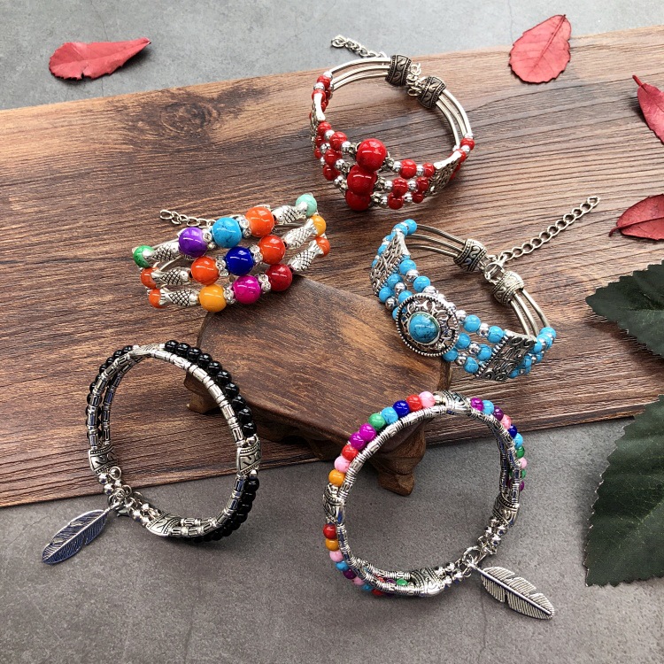 Wholesale Retro ethnic style handmade imitation colored stone bracelet versatile personality bohemian Xizang silver bracelet female bracelet accessori