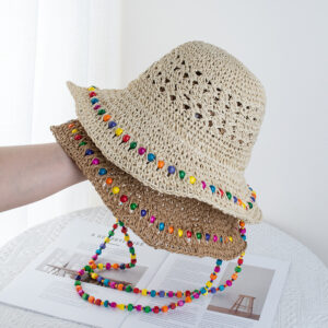 Wholesale Hyun Ya Style Color Wooden Beads Straw Hat Women's Summer Big Hat Straw Weaves Fisherman's Hat Foldable Seaside Sunshade and Sunscreen Hat