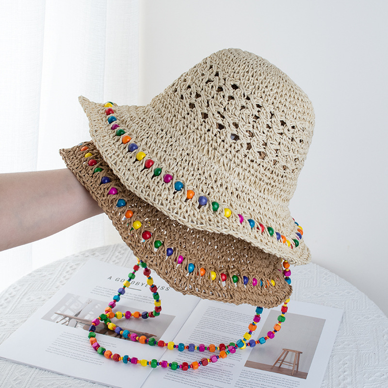 Wholesale Hyun Ya Style Color Wooden Beads Straw Hat Women's Summer Big Hat Straw Weaves Fisherman's Hat Foldable Seaside Sunshade and Sunscreen Hat