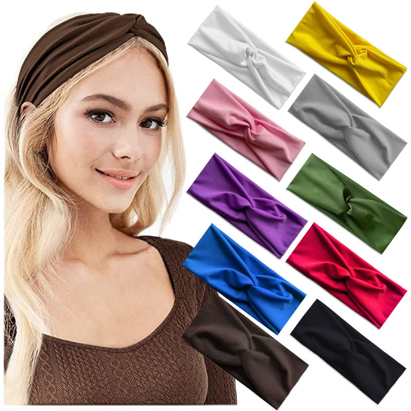 Wholesale Cross-border European and American Women's Solid Color Cross Hair Band Elastic Wide-brimmed Hair Band Exercise Running Sweat-absorbent Headb