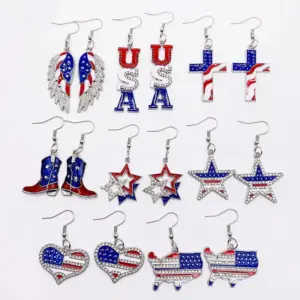 Wholesale Independence Day Star Alloy Earrings Festival Jewelry Heart Shaped USA Flag Design Women's Fashion Accessories