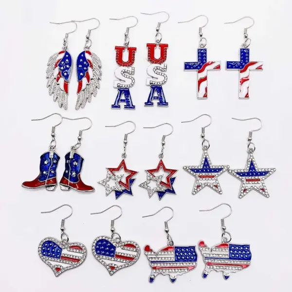 Wholesale Independence Day Star Alloy Earrings Festival Jewelry Heart Shaped USA Flag Design Women's Fashion Accessories