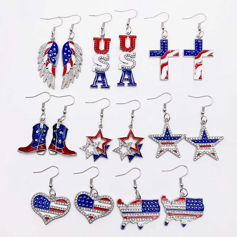 Wholesale Independence Day Star Alloy Earrings Festival Jewelry Heart Shaped USA Flag Design Women's Fashion Accessories