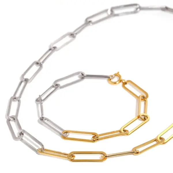 Wholesale Jewelry Simple Style Classic Style Paper Clip 304 Stainless Steel 18K Gold Plated PVD Coated Mixed Metal Bracelets Necklace