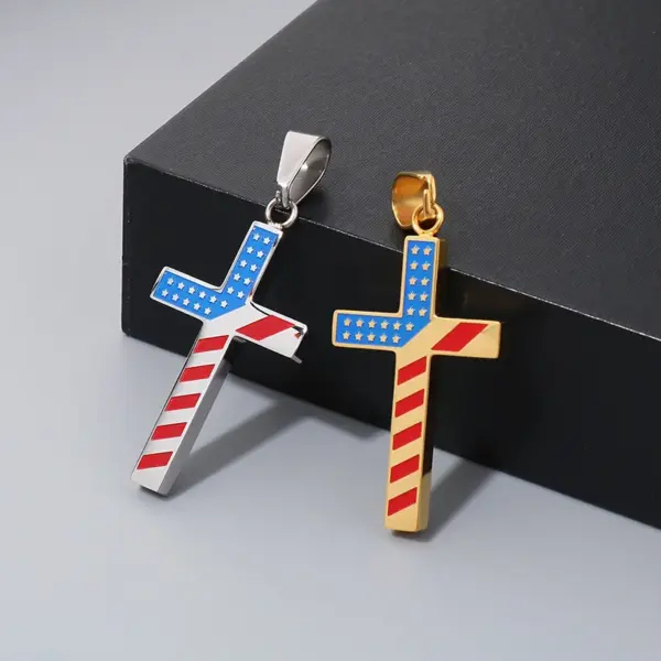 Wholesale 1 Piece 33*20mm 600*3mm 304 Stainless Steel 18K Gold Plated Cross American Flag Pendant Chain