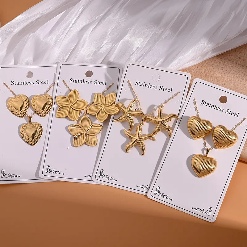 Wholesale Electroplating Golden Plated Starfish Red Heart Flower 304 Stainless Steel Casual Elegant Handmade Polishing Plating Jewelry Set