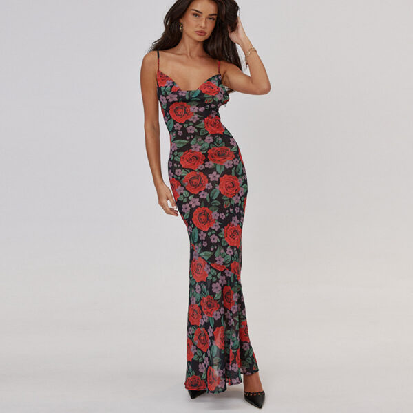 oly-b44bcbdd32916b174a4f1efbf44c7809 Wholesale Summer Ins Style Fashion Sexy V Neck Elegant Versatile Slim Long Printed Suspender Dress for Women