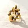 Wholesale Starfish Open Ring For Women In 304 Stainless Steel With 18K Real Gold Plating And Pearl Inlay, Marine Style