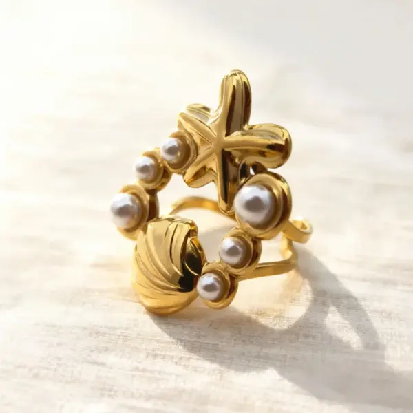 Wholesale Starfish Open Ring For Women In 304 Stainless Steel With 18K Real Gold Plating And Pearl Inlay, Marine Style