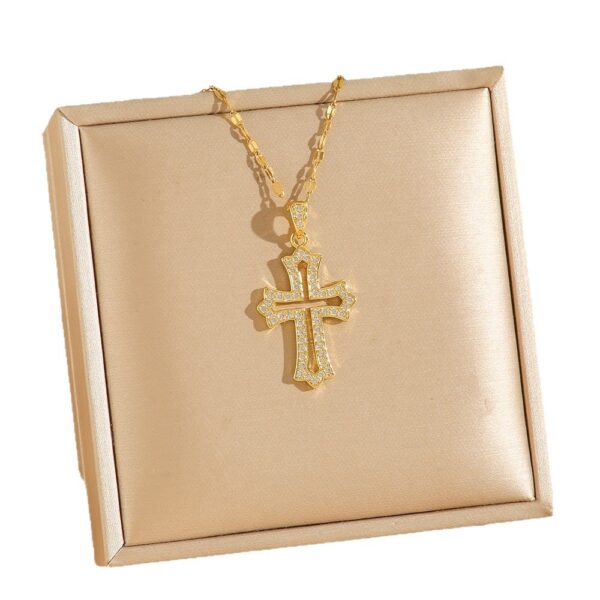 Wholesale Cross-shaped colored zircon pendant titanium steel necklace clavicle chain