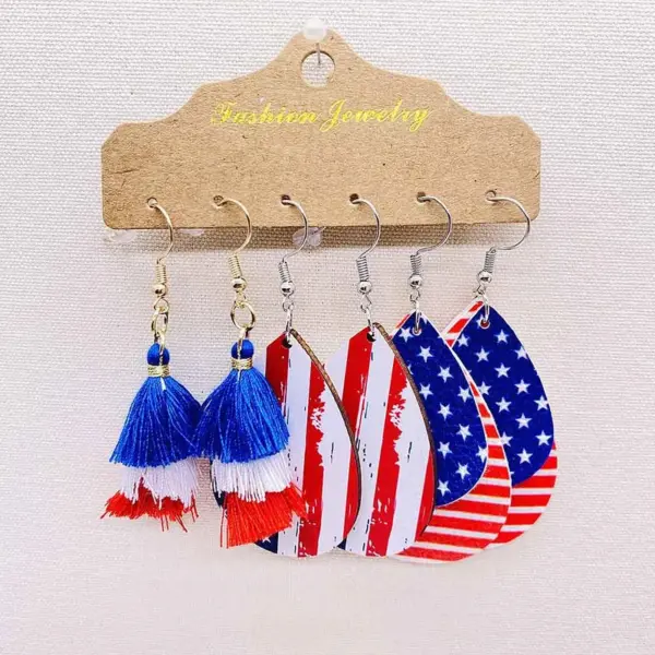 Wholesale New Independence Day Earrings Suit Red White Blue Tassel Earrings American Flag Printed Wooden Earrings