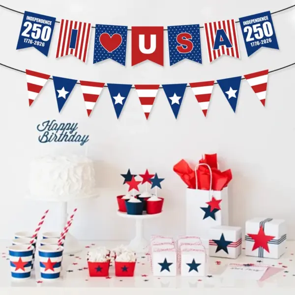 oly-b4af9d183f4b2299356d461c81463bf5 Wholesale American Independence Day Celebration Decoration Banner 250th Anniversary Triangle Flag Paper Material For Party Use