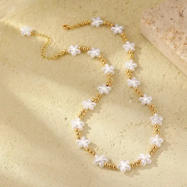 Wholesale Women’s Star Choker Necklace With Waterproof Non Tarnish Copper, Golden Plated Finish And Imitation Pearl Beaded Chain