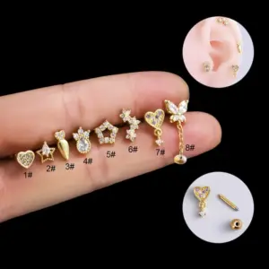 Wholesale 1 Piece 316L Stainless Steel Copper Zircon Ear Cartilage Rings & Studs Heart Shape Waterproof Non Tarnish Surgical Steel Women'S