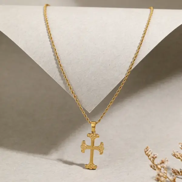 oly-b51275ff31d865a17da56be728d39511 Wholesale Waterproof Non Tarnish Cross Necklace For Adults With 18K Real Gold Plated 304 Stainless Steel And Electroplated Woven Chain