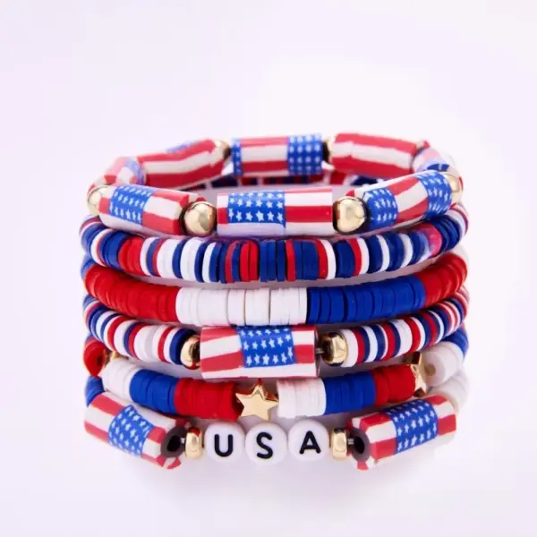 Wholesale Bohemian Style Soft Clay Bracelet Set Alloy Flag Drip Oil Personalized Independence Day USA Themed Hand Chain Jewelry
