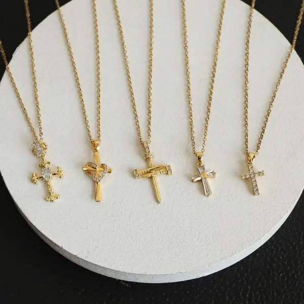 Wholesale 304 Stainless Steel Cross Electroplated Zircon Gold Plated Glam Modern Style Shiny Plating Inlay Gold Necklace