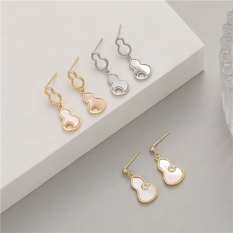 Wholesale Gourd Stud Earrings For Women Featuring Electroplated Copper With Mother-of-Pearl Shell Inlay And 925 Sterling Silver Posts