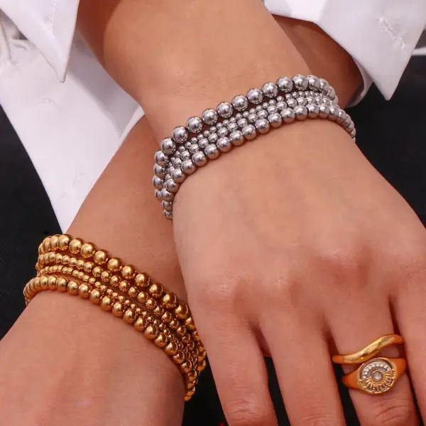 Wholesale Fashion Round Beaded 304 Stainless Steel 18K Gold Plated Bracelets In Bulk