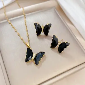 F406 Black Necklace-F407 Black Stud Earrings