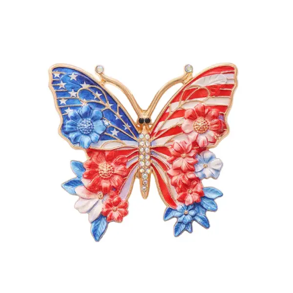 Wholesale Butterfly Pin In Red Zinc Alloy Featuring Diamond Craft, Perfect For Independence Day