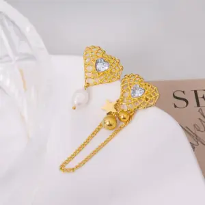 Wholesale Elegant Pearl Earrings Titanium Steel Tassel Non-fading Heart Shaped Clip-Ons For Party Yellow 18K Gold Plated 304 Stainless Steel